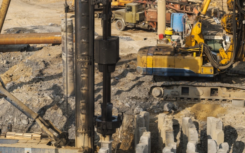 A solar pile driver in action, driving metal support piles into the ground at a solar farm construction site.