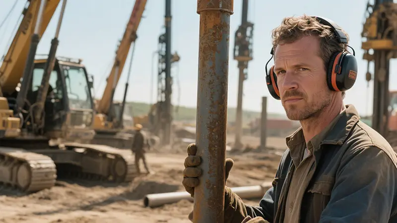 Piling workers wearing noise-cancelling headphones are working at the project site