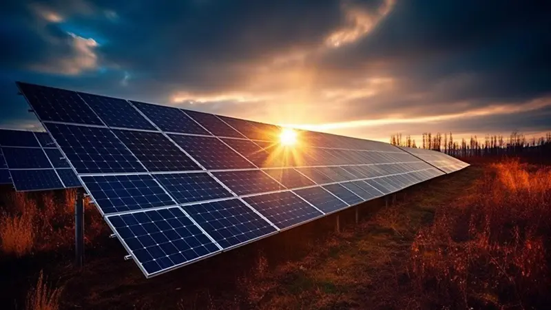 The sun reflects the sustainable energy production of the solar panel