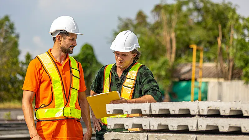 Two male engineers work together in construction site