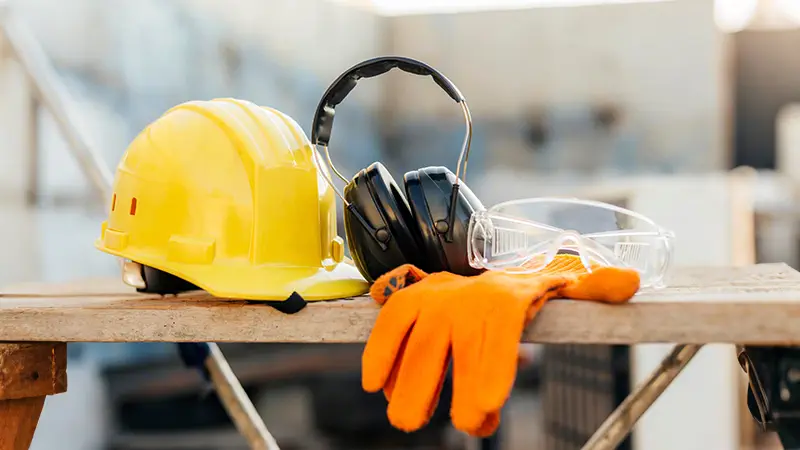 Front view of safety gear for construction, glasses with helmet and headset.