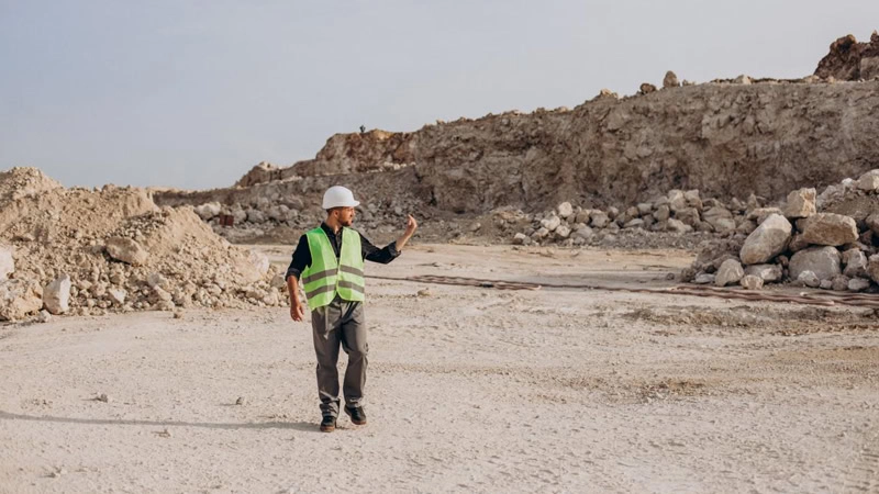 A worker in a rocky terrain