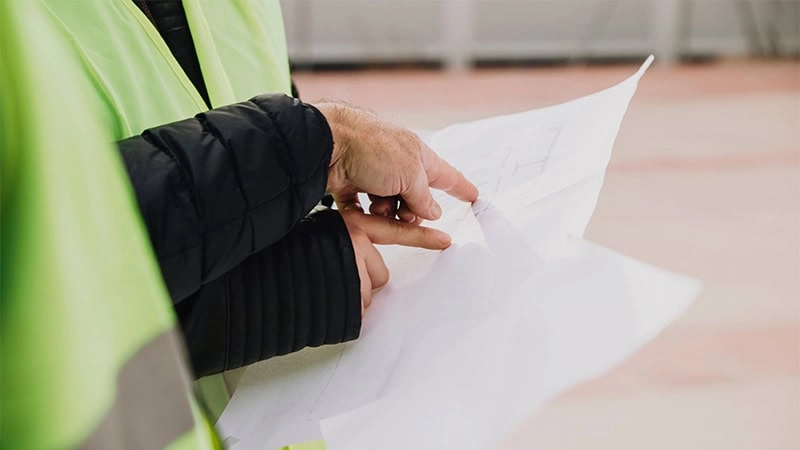 Two engeneers examining a construction plan